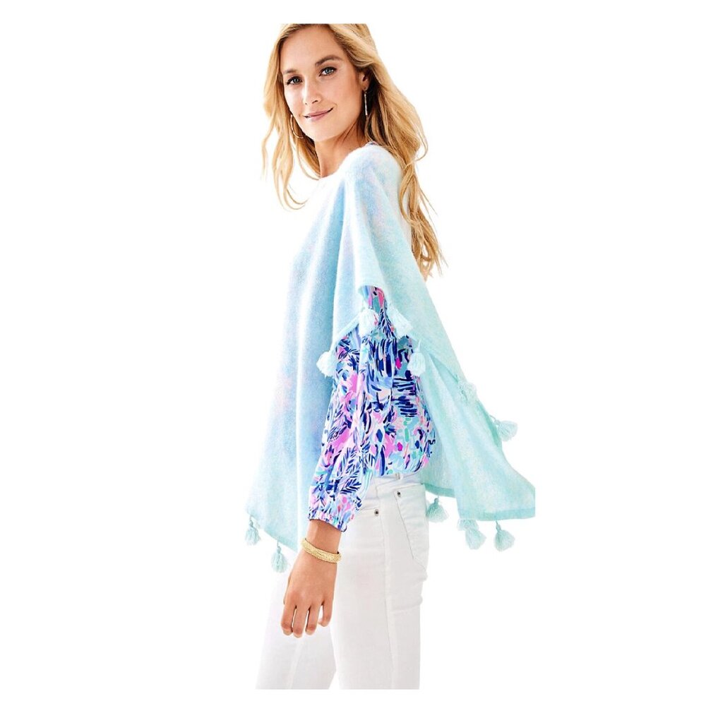 NWT Lilly Pulitzer Kenzy Cashmere Mint Green Aqua Cape Shawl Sweater Tassels